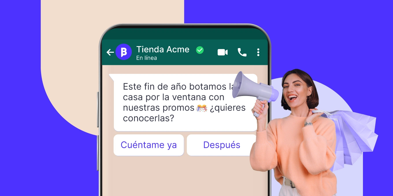 Una persona con un megáfono frente a un teléfono con una conversación de whatsapp