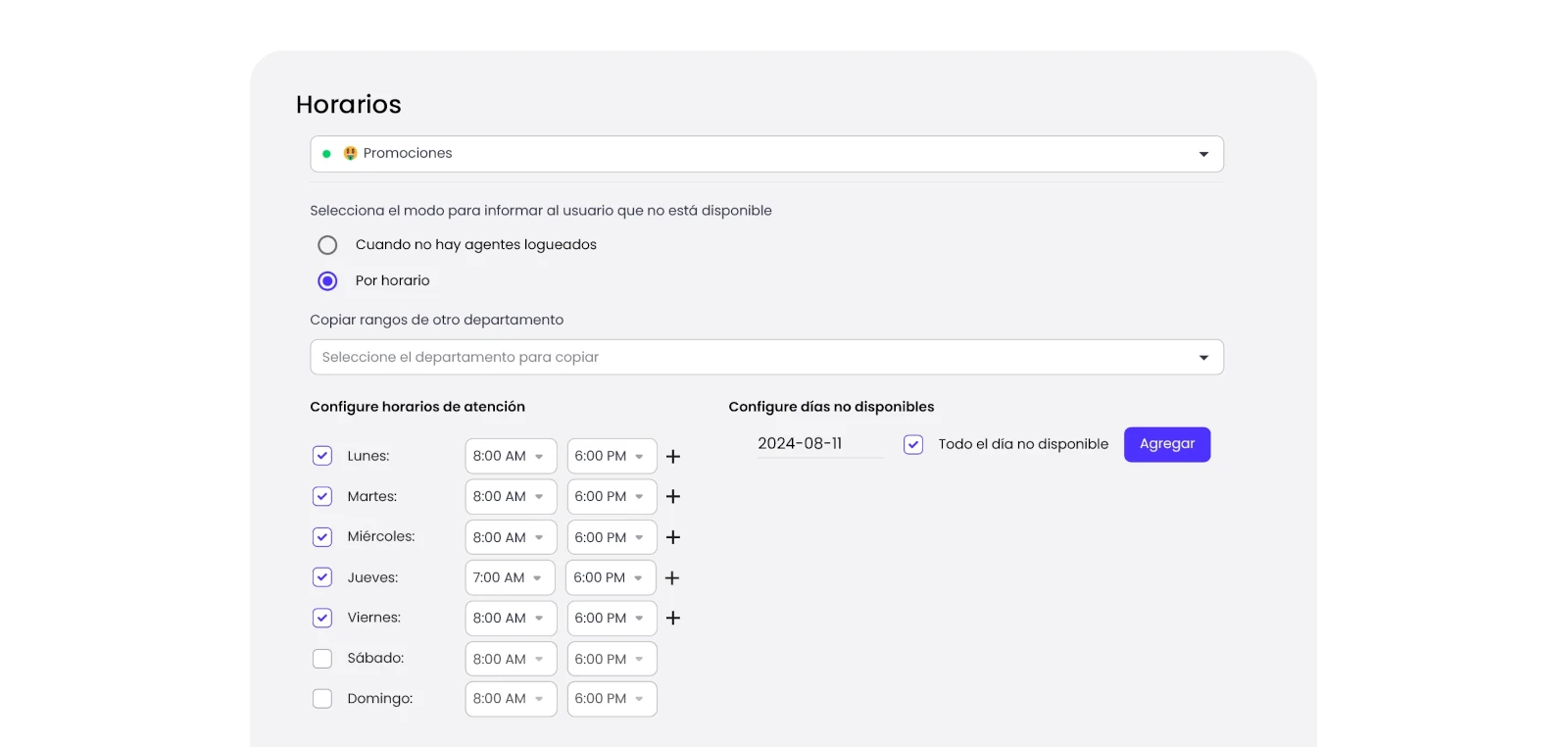 configuración horarios chatbots b2chat