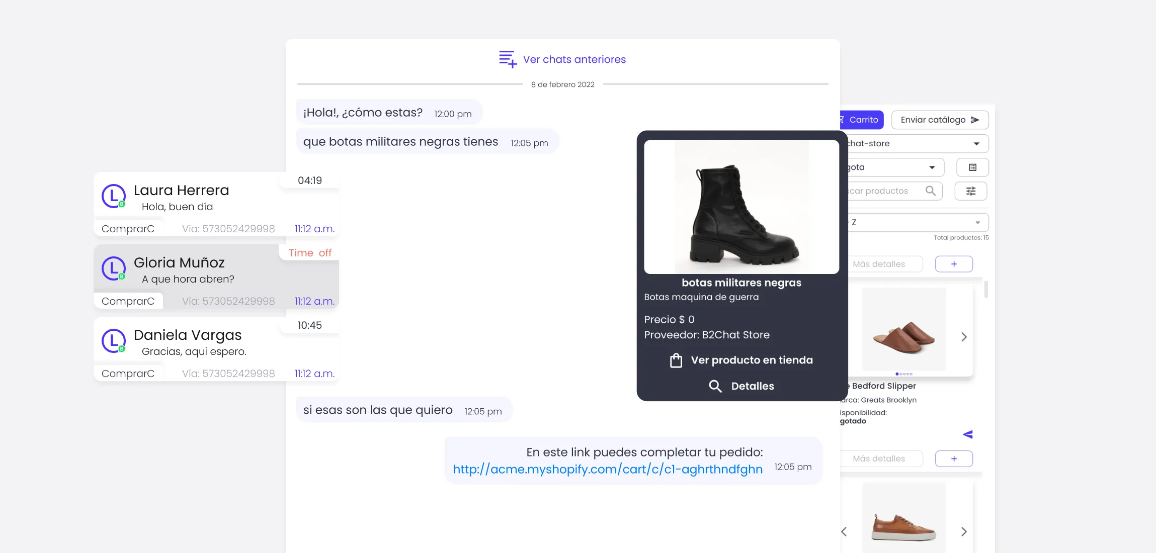 consola de b2chat con la integración shopify-whatsapp