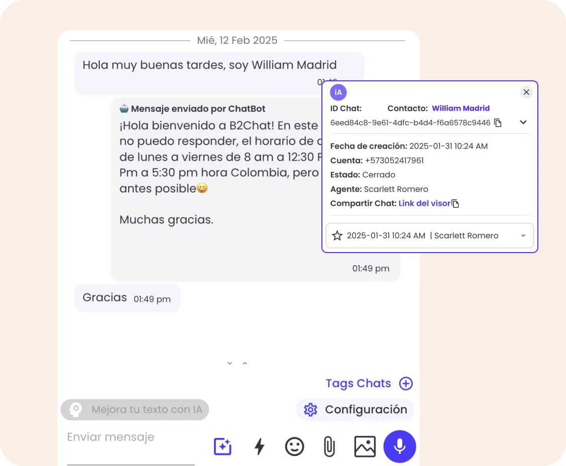 chat con información de contacto de b2chat